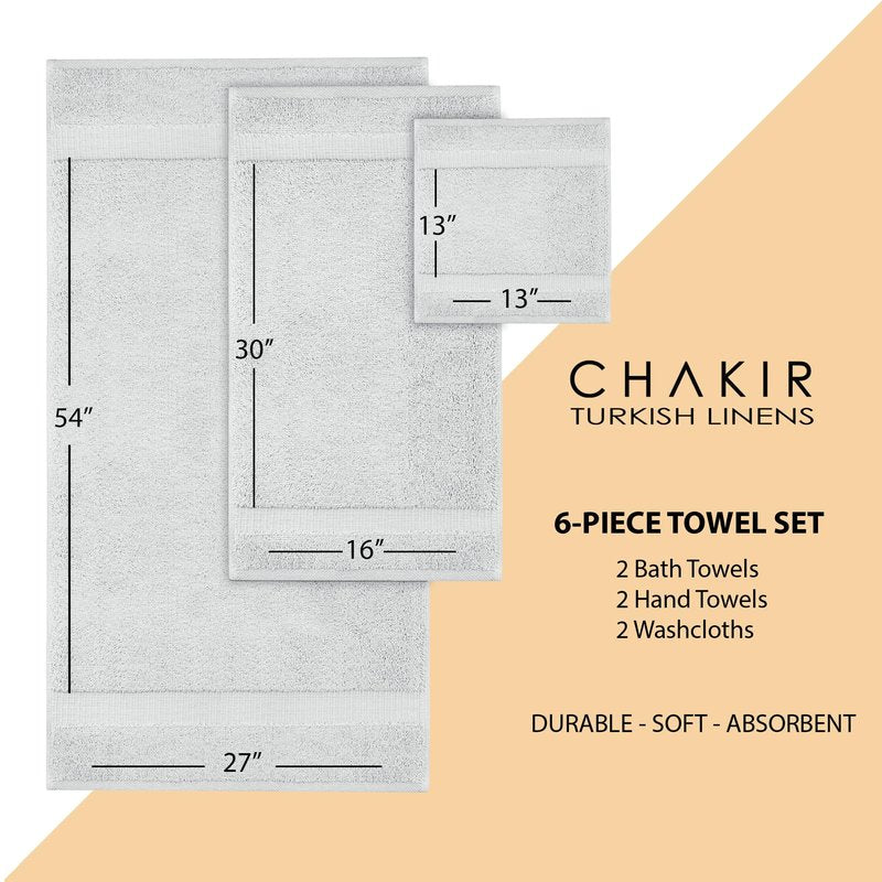 Chakir Turkish Linens 6 Piece Towels Set, 100% Cotton Luxury Turkish Towels for Bathroom, Soft Absorbent Bath Towel Set with 2 Bath Towels 2 Hand Towels 2 Washcloths, Silver Gray