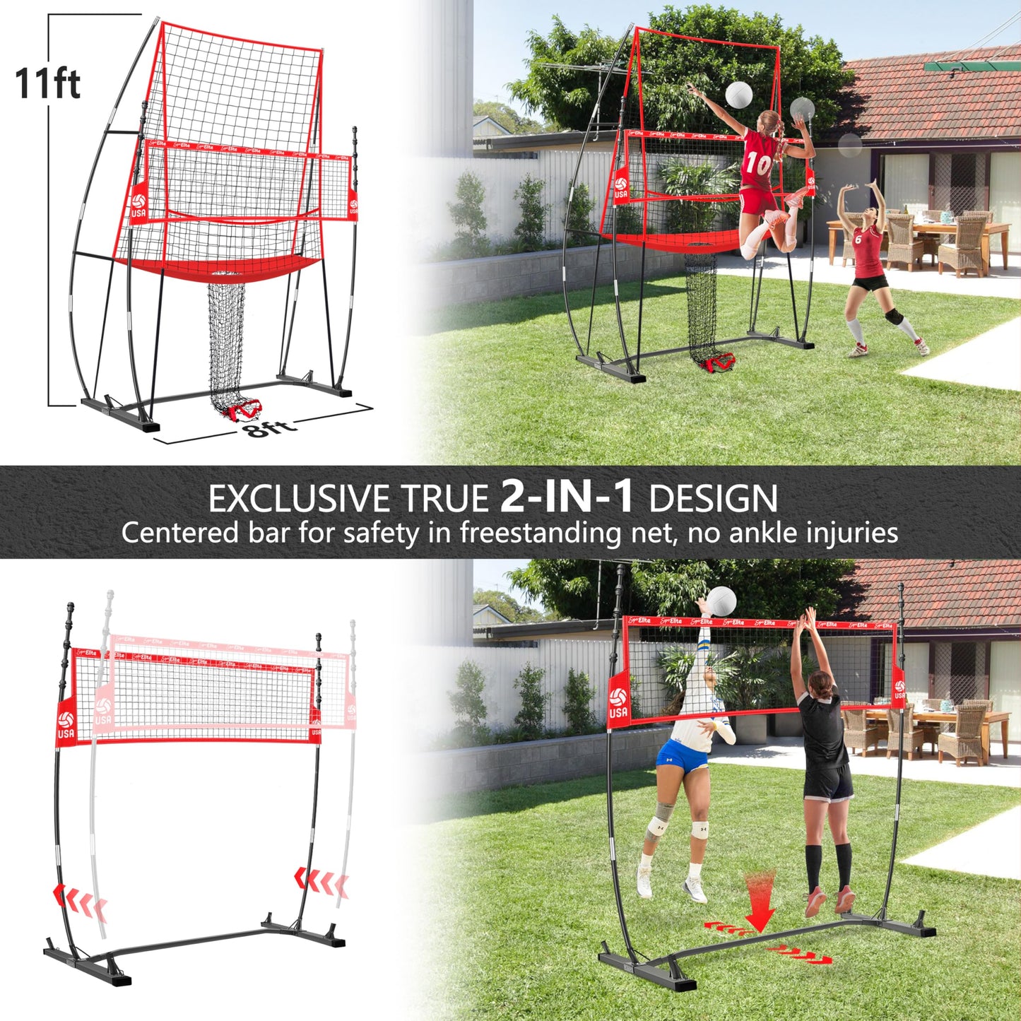 JOLORLY 2-in-1 Volleyball Practice Net Station with Patented 5-Height (6'6'' to 8'), Heavy Duty Training System for Hitting Spiking Serving, Backyard Indoor Outdoor Trainer Equipment (8x11 ft Red)