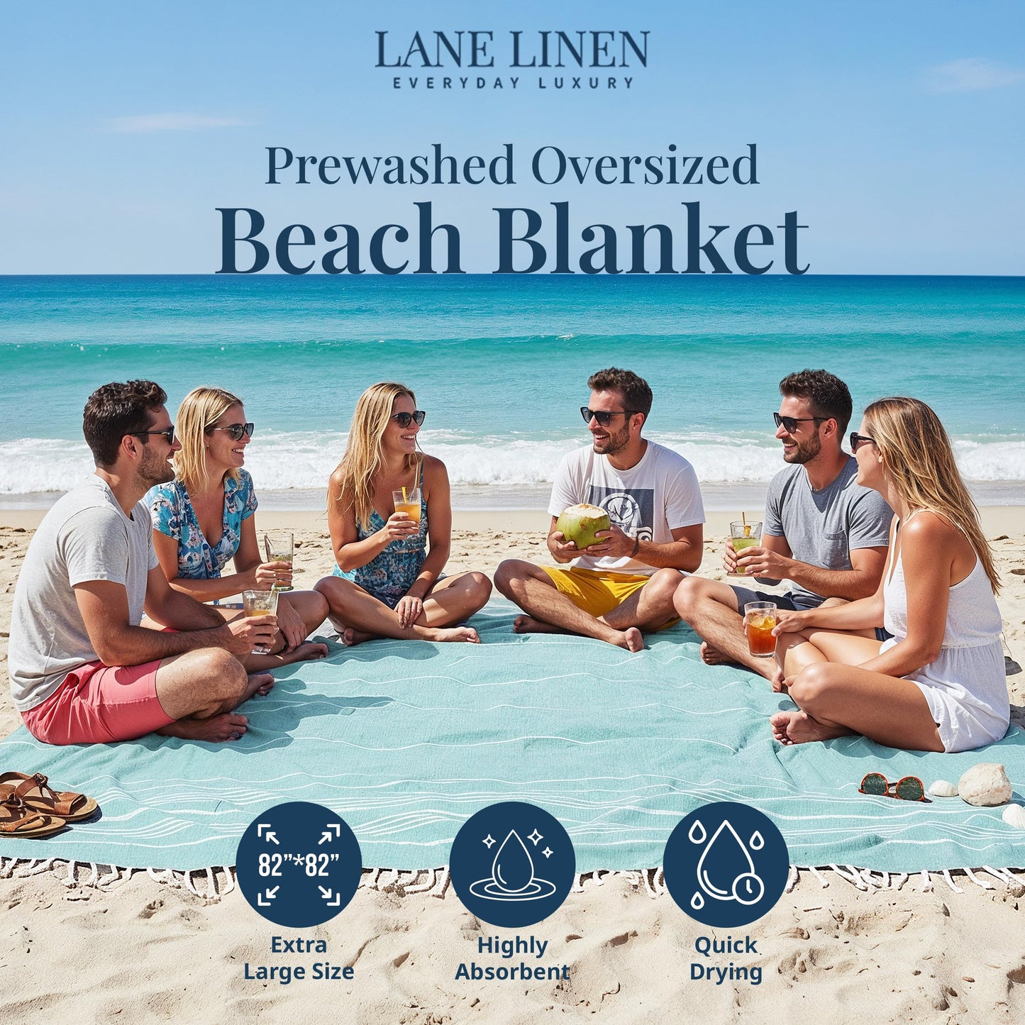 LANE LINEN Large Beach Blanket – Oversize Beach Towel, Beach Games for Family, Compact Quick-Dry Towel (82"x82"), Perfect for Lounging, Resort Stays, & Coastal Escapes - Aqua