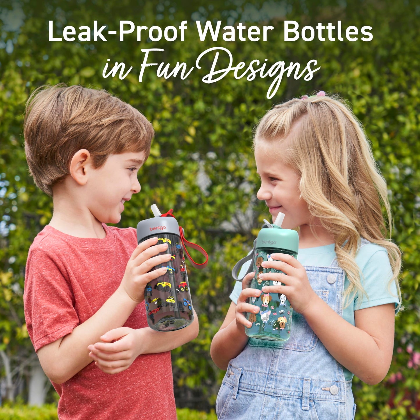 Bentgo Kids Water Bottle - Leak-Proof, Durable Tritan PFAS- & BPA-Free 15 fl oz, Kids/Toddlers Ages 3+ for School & Sports; Bite & Sip Spout, Carrying Handle, Dishwasher Safe (Trucks)