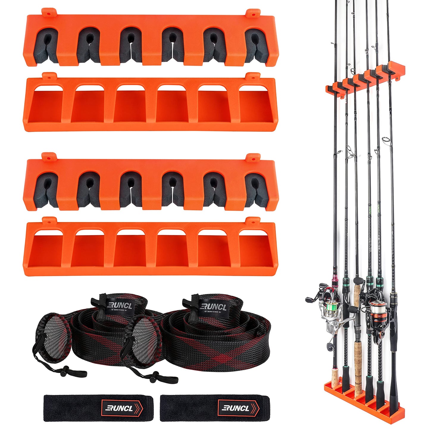 RUNCL Fishing Rod Holder, Fishing Gift for Men, Wall Mounted Vertical Fishing Rod Rack, Fishing Pole Holders Hold Up to 6 5-11mm Rods, Fishing Rod Storage Combo Set