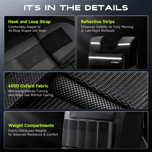 Liveet Adjustable Weighted Vest for Men Women, 60lb Weight Vest with 20 Removable Weights, Heavy Duty Running Vest with Reflective Strips for Walking Strength Training Calisthenics