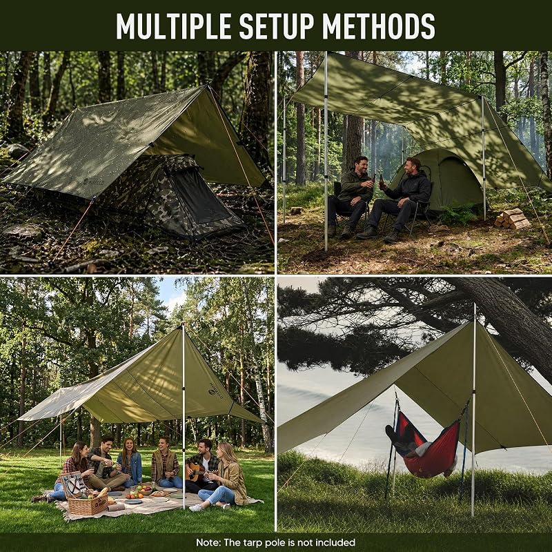 17x10 ft Large Waterproof Camping Tarp with PU6000mm Rain Fly - UPF100+ Sun Protection, Lightweight Canopy for Outdoor Camping (Army Green)