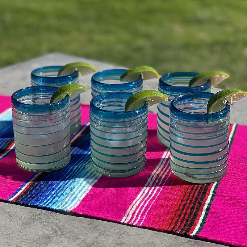Aqua Spiral 10 oz Mexican Hand-Blown Tumbler Glasses Set of 6