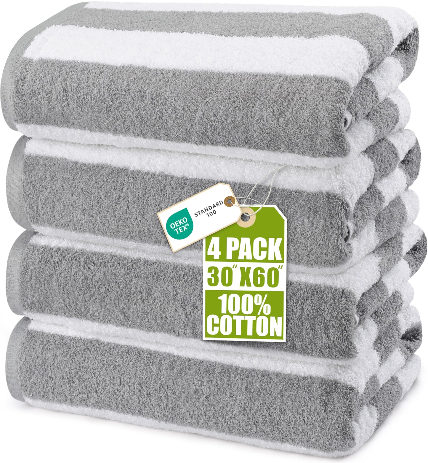Utopia Towels Pack of 4 Cabana Beach Towels, Oversized 30 x 60 Inches Cotton Beach Towel Set, Smooth Ring Spun Texture for Pool and Swim Days, Modern Striped Design Bath Towels, Grey