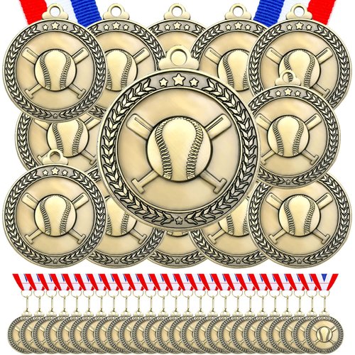 Remuuly 60 Pcs Gold Award Medals 2 Inch Soccer Baseball Volleyball Football Cheer Trophy Medals Metal Awards Bulk with Neck Ribbons Trophy Prize Gifts for Sports Competitions (Baseball)