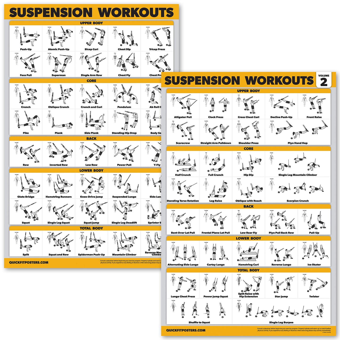 10 Pack - Exercise Workout Poster Set - Suspension Volume 1 & 2, Dumbbell, Kettlebell, Resistance Bands, Stretching, Bodyweight, Barbell, Yoga Poses, Exercise Ball (PAPER - NOT LAMINATED 18" x 27")