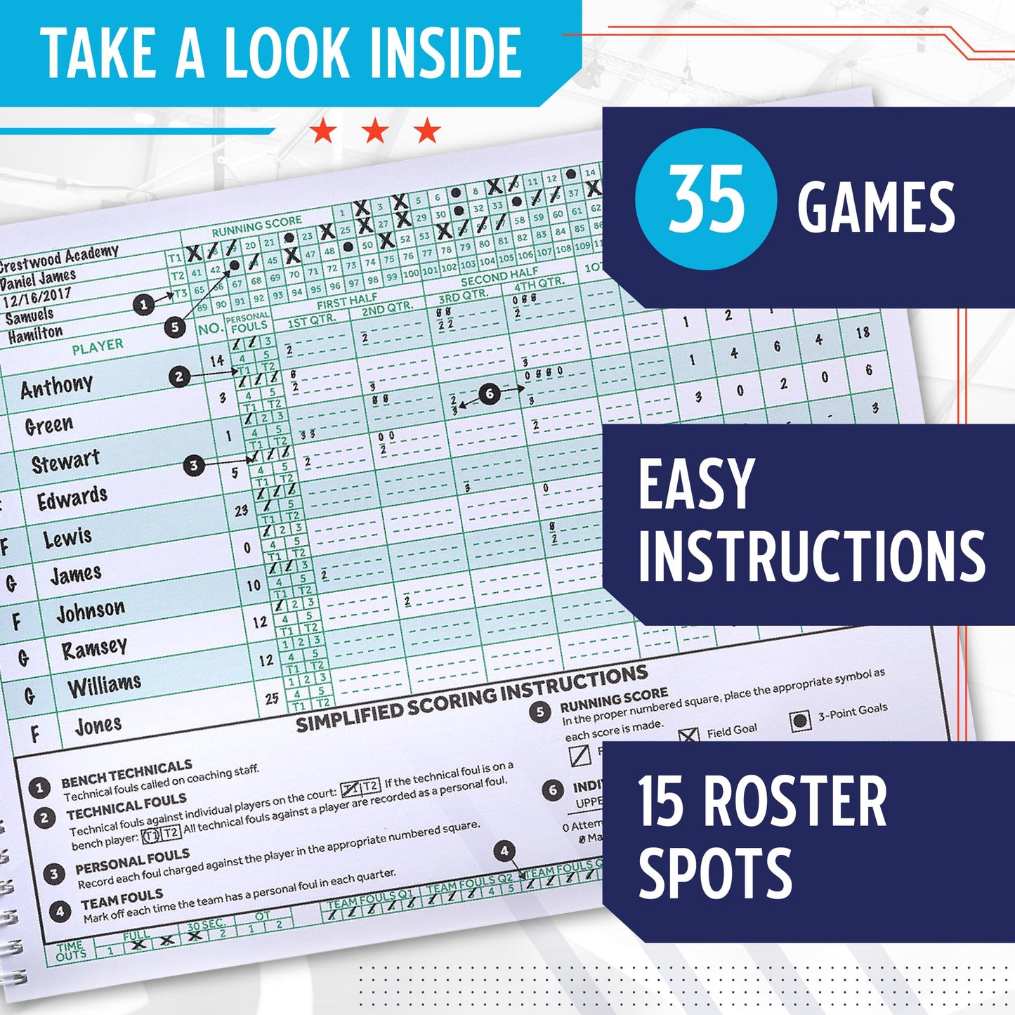 Murray Sporting Goods Classic Basketball Scorebook - 35 Games Green Score Keeper Book | Stat Tracker Scoresbook for Youth Basketball (1)