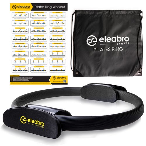 eleabro Sports 13 inch Pilates Ring Circle - Magic Circle with A1 Size Workout Poster, Yoga Ring Fitness Ring with Soft Handles, Inner Thigh Exercise Equipment for Home Workouts - (Black)