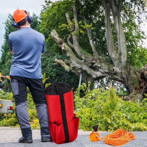 LOYIM 3 Pcs Arborist Throw Line Kit, 30L Red Black Rope Storage Bucket Backpack, 15 oz Arborist Throw Weight Bag, 164 ft Polyester Rope Equipment for Tree Work Limb Throwing Climbing Trimming
