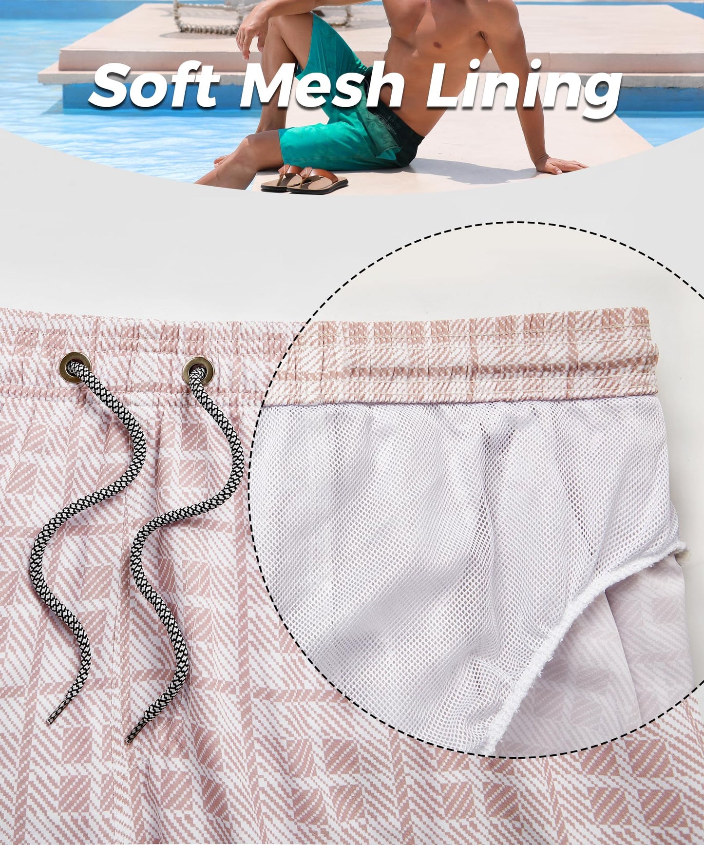 ELETOP Men's Swim Trunks Quick Dry Bathing Suit Swimming Board Shorts Mesh Lining Beach Swimwear Grid Pink 3XL