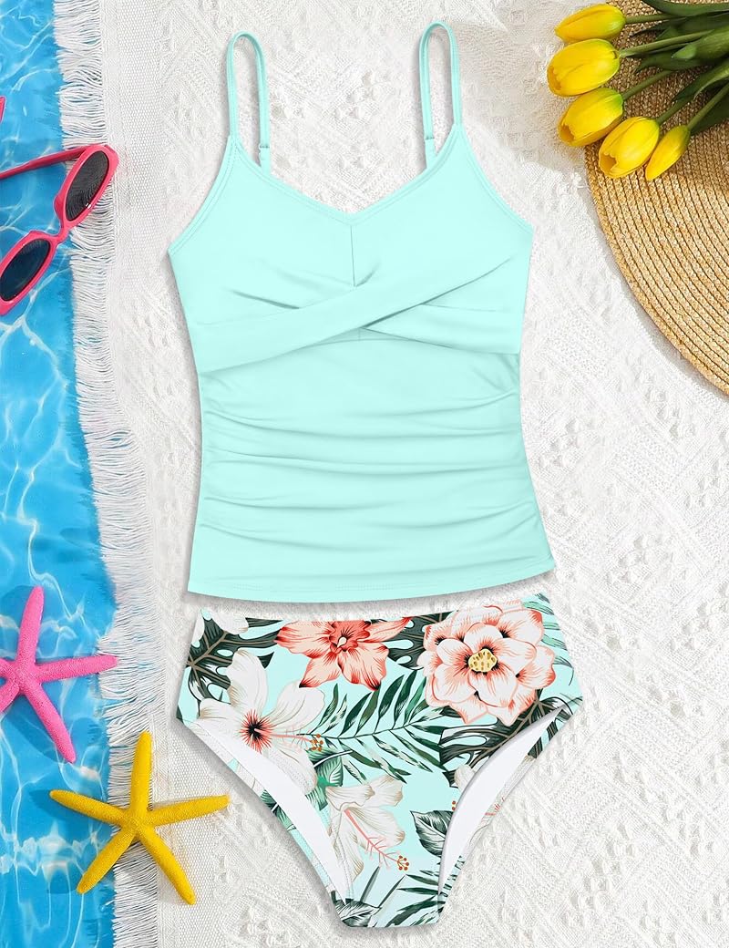 Aulyffo Girls 2-Piece Criss Cross Ruched Tankini Set - A-light Blue, 13-14 Years