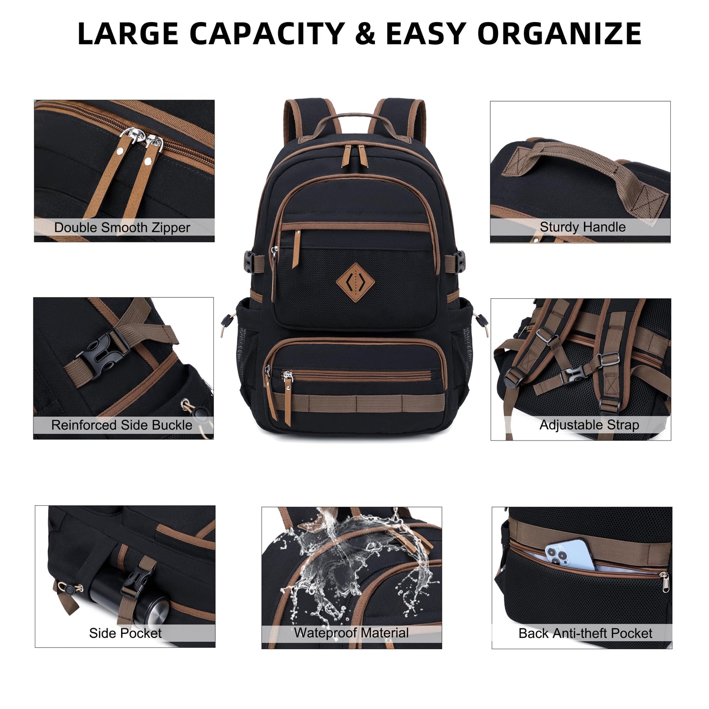Caoroky knight Laptop Backpacks College Bookbags Women Men Anti Theft Travel Backpacks Large Elementary Middle High School Bags for Kids Teens Girls Boys Students Adults Causal Daypack-Black