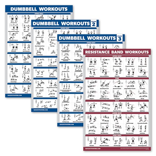 Palace Learning 4 Pack - Dumbbell Workout Posters Volume 1, 2 & 3 + Resistance Bands Exercise Chart - Set of 4 Posters (LAMINATED, 18" x 24")