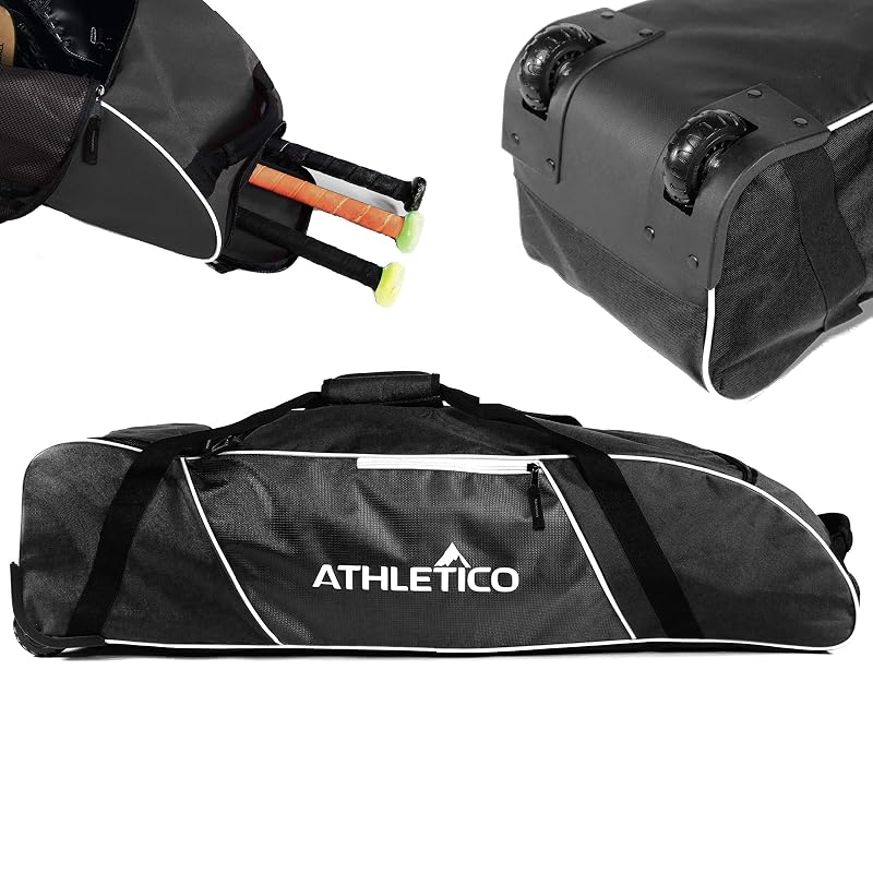 Athletico Rolling Baseball Bag - Wheeled Bat Bag for Baseball, TBall, Softball (Black variant)