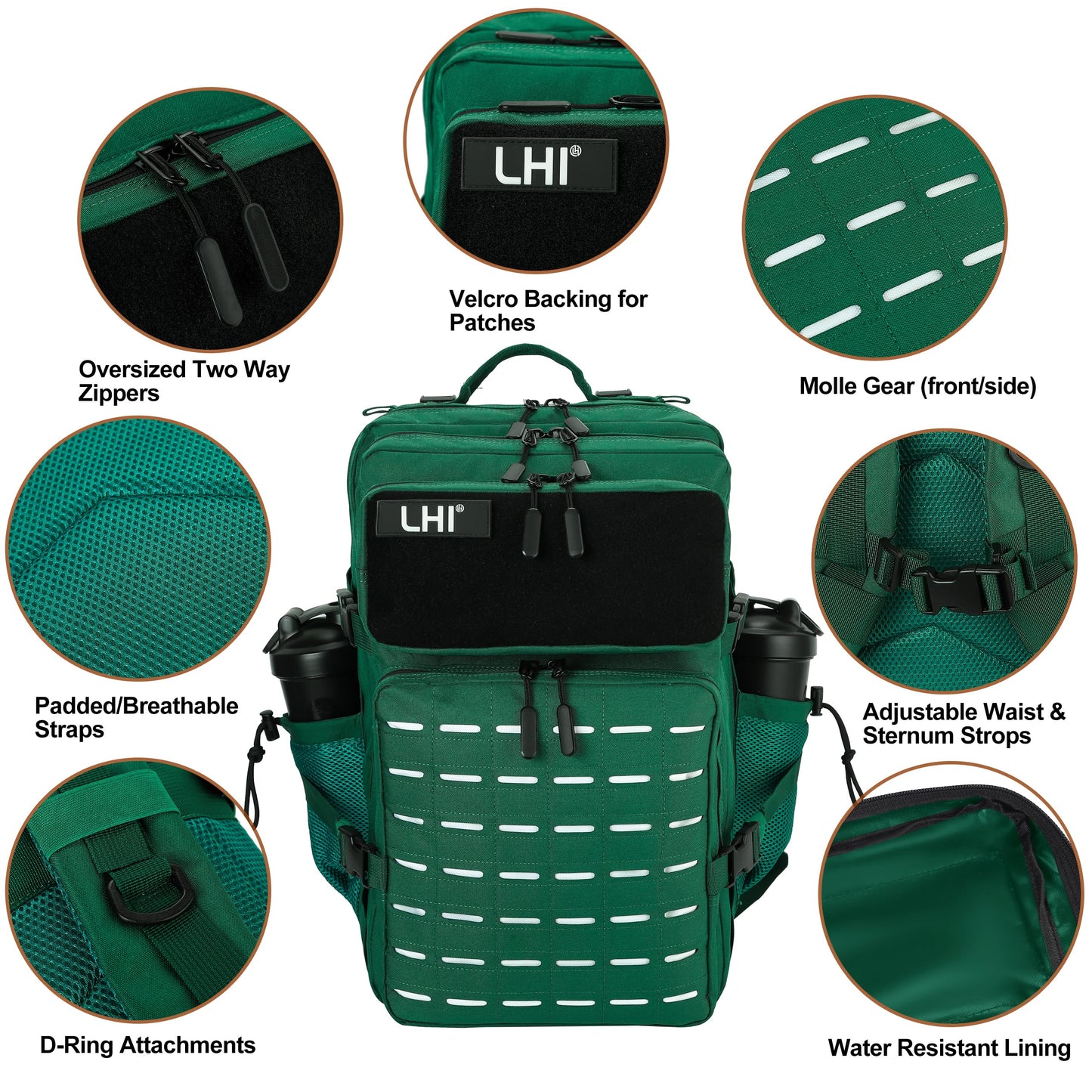 LHI Tactical Military Backpack for Men and Women 45L Large Molle Army Assault Pack 3 Day Travel Backpacks - Dark Green
