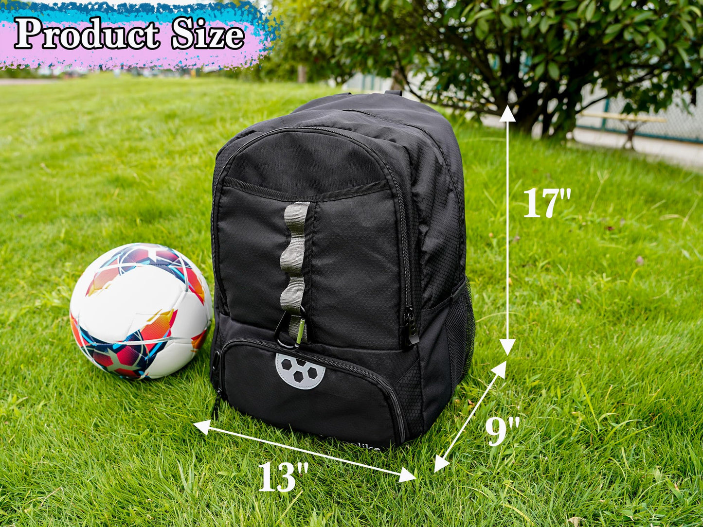 Moonlike Youth Soccer Bag, Soccer Backpack for Football Volleyball Basketball, Backpack with Ball Compartment and Ball Holder (Black)