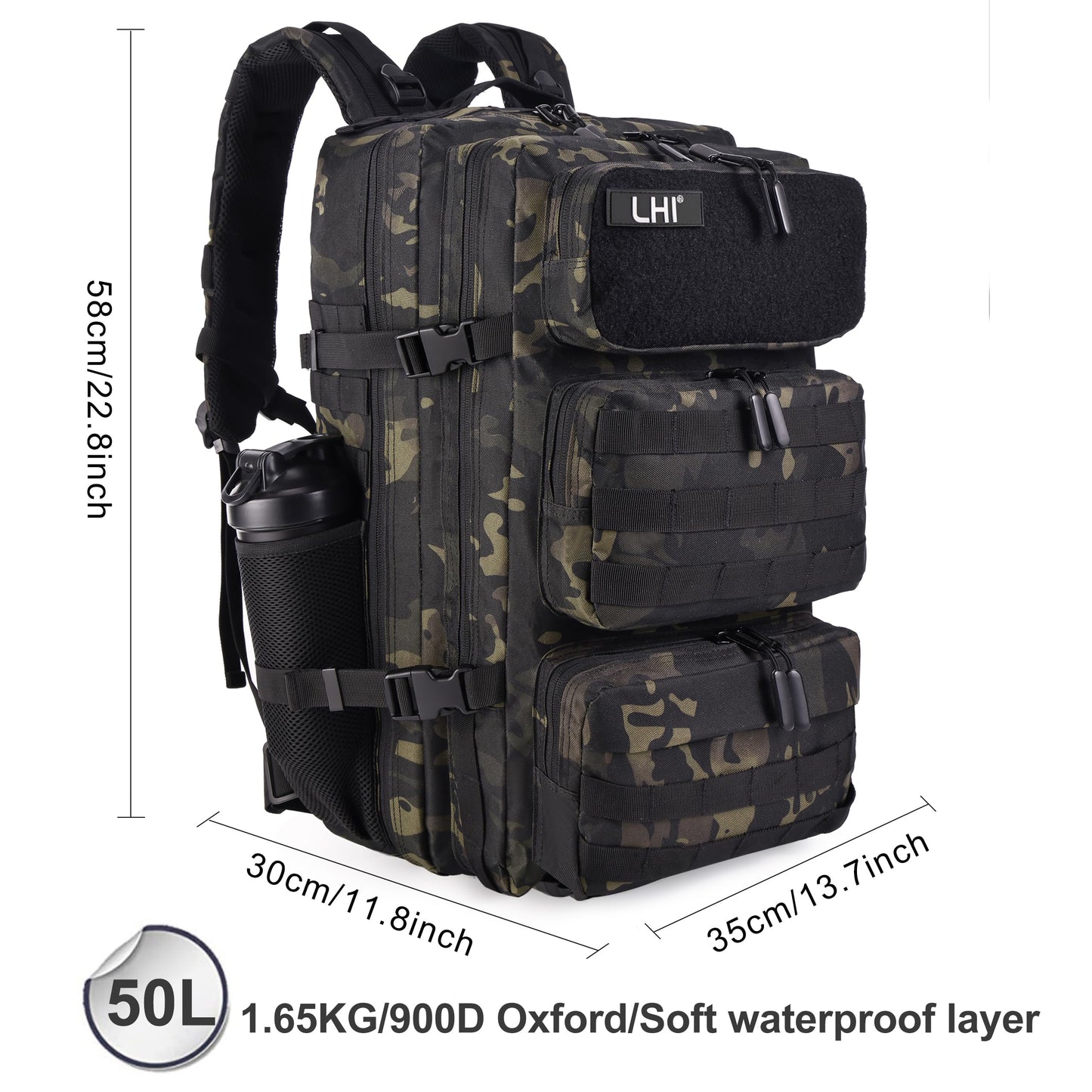 LHI Military Tactical Backpack for Men and Women 50L Army 3 Days Assault Pack Bag Large Rucksack with Shoe Compartment - Black CP