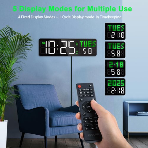 LUCORB 12'' Gym Clock, Interval Workout Digital Wall Clock with Seconds Date for Home Gym, 5 Display Modes | Remote Countdown Timer, Stopwatch | 4 Alarms fit Classroom Living Room Office
