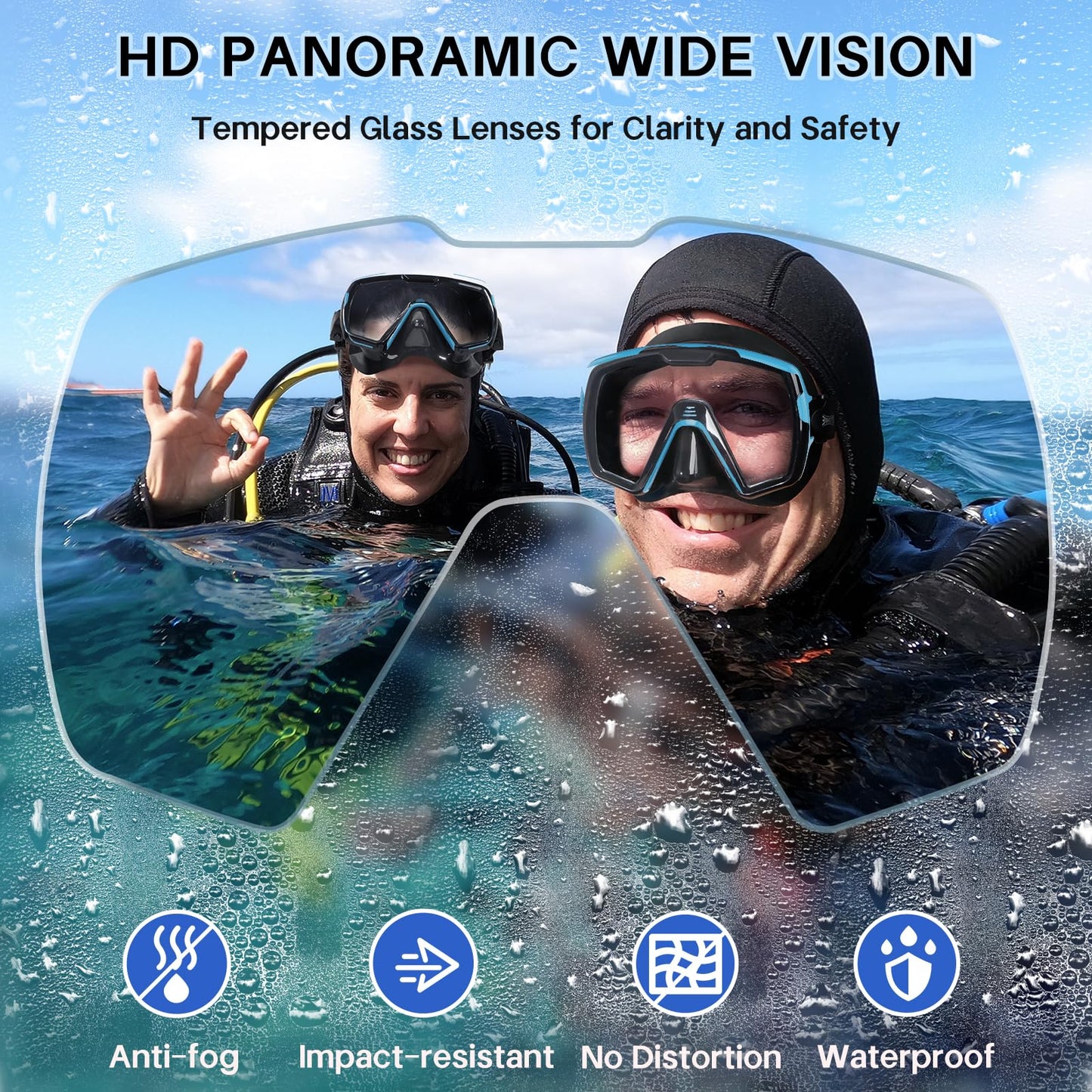 iTOWE Diving Mask Snorkel Swim Goggles Adult Men Women Youth, Clear Tempered Glass 180° Wide View Pool Water Goggles, Swimming Goggles with Nose Cover Water Proof Underwater Dive Snorkeling Scuba Gear