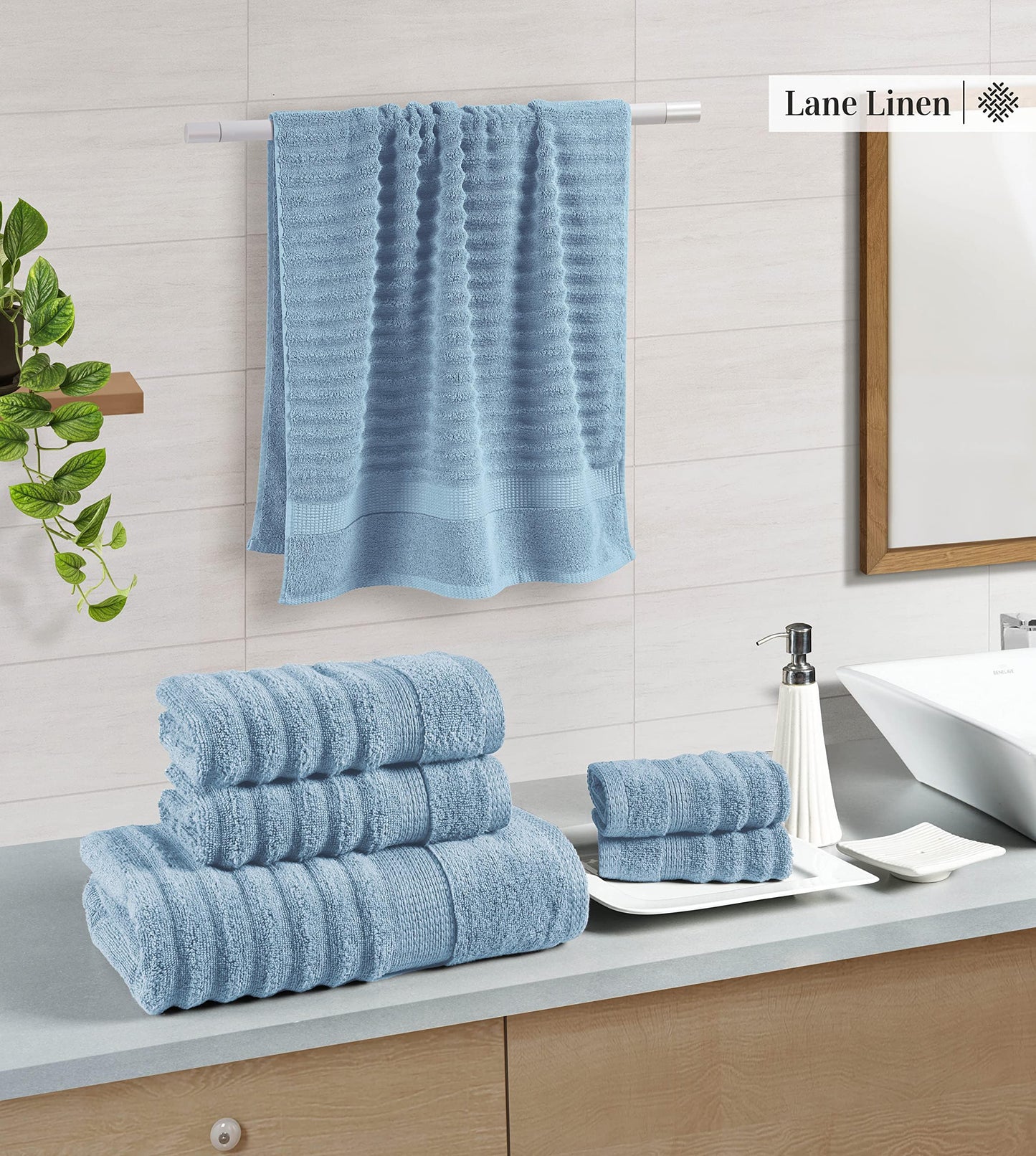 LANE LINEN Cotton Bath Towels Set of 6 - Exclusive Zero Twist - Softer, Quick Dry & Absorbent - 2 Bath, 2 Washcloths, 2 Hand Towels for Bathroom - Durable, Premium Quality & Ideal Gift for Him - Blue