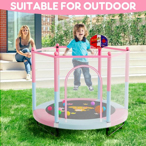 60" Trampoline for Kids, 5 FT Toddler Baby Trampoline with Safety Enclosure Net, Indoor or Outdoor Pink/Blue Small Trampolines with Basketball Hoop, Birthday Gifts for Kids, Gifts for Girl Age 3-8