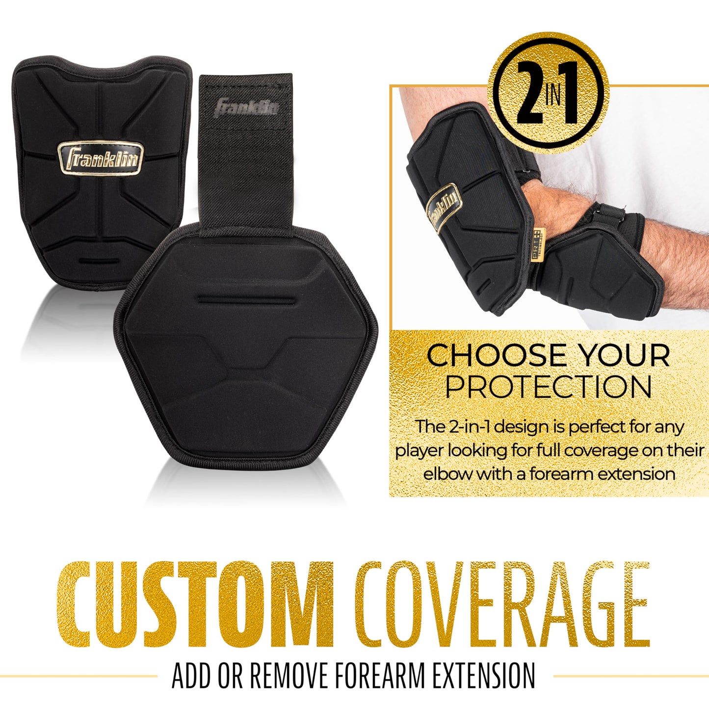 Franklin Sports Baseball Elbow Guard - PRT Series Youth Baseball + Softball Shield for Batting - Protective Elbow + Forearm Pad - Right + Left Hand Hitters - Black/Gold - One Size - Youth