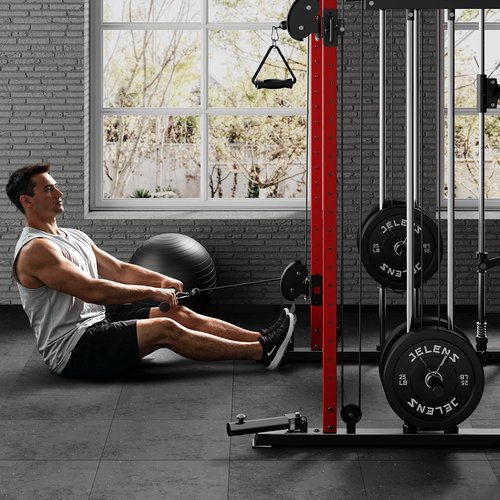 JELENS M21 Smith Machine, Multi-Function Power Cage with Dual Pulley Cable Crossover System, 2000LBS All-in-One Squat Rack with Smith Bar and Attachments (Red, M21 Smith Machine)