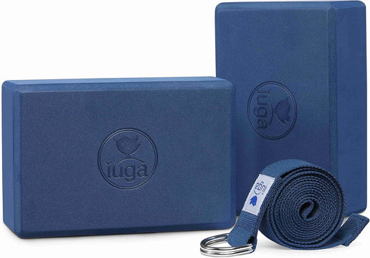 IUGA Yoga Blocks 2 Pack With Strap Non Slip High Density 9"x6"x3" Solid & Cork Yoga Block With Yoga Strap to Improve Strength Balance for Yoga Pilates Meditation