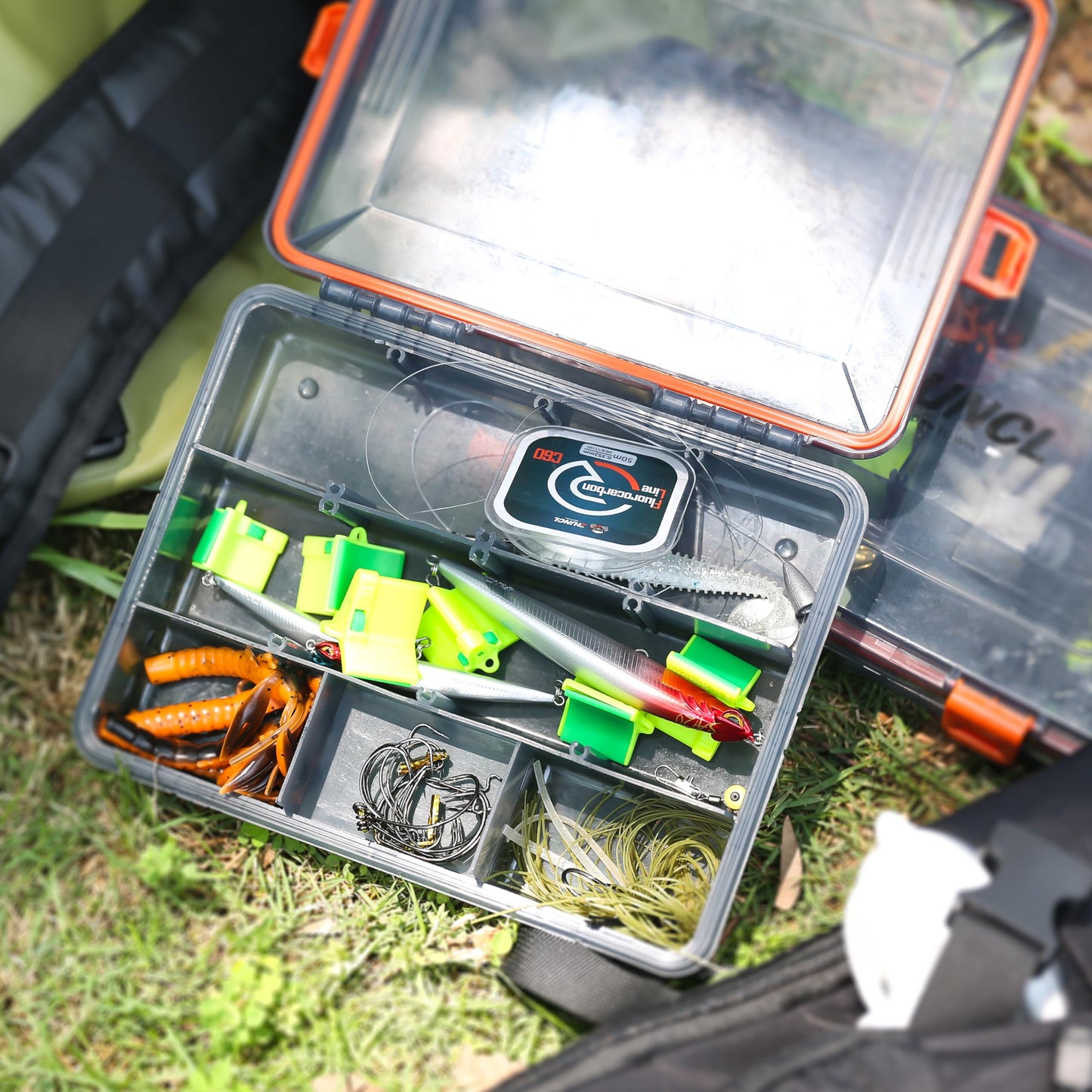 RUNCL Fishing Tackle Box, Waterproof Airtight Stowaway, 3600/3700 Tray Tackle Box with Adjustable Dividers, Plastic Storage Organizer (4pcs 3700)
