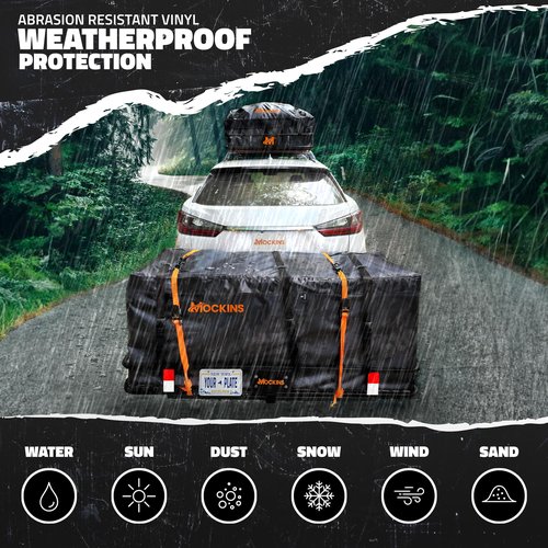 Mockins 60"x20"x6" Heavy Duty Trailer Hitch Cargo Carrier w/License Plate Holder & 16 Cu.Ft. Waterproof Cargo Bag for Hitch Carrier | All-Weather 500 Lbs. Cap Folding Luggage Rack for SUV Car & Truck