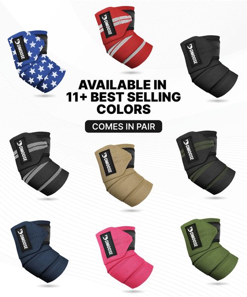 DMoose Fitness Elbow Wraps for Weightlifting (Pair) - 40'' Adjustable Elbow Strap for Gym Workout, Bench Press & Powerlifting - Compression Wraps for Tendonitis & Joint Support (Black Red)