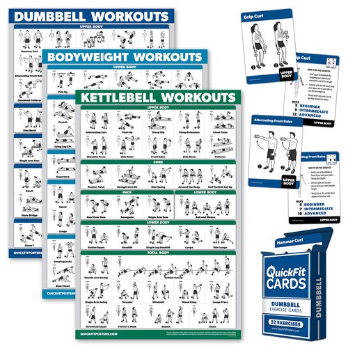 4 Pack: Dumbbell + Bodyweight + Kettlebell Workouts Poster Set + Dumbbell Exercise Playing Cards