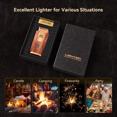 All-in-One Torch Lighter with Punch, Holder, and Draw Enhancer Tool, Adjustable Windproof 2 Jet Flame Lighters, Refillable Lighters Gift for Men(Mahogany)