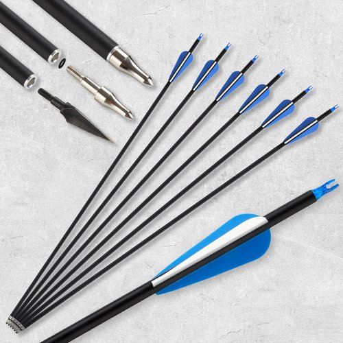 SERfawnCH 12 Carbon Arrows 6 Broadheads 30in Spine 500 Archery Hunting Target Practice Arrows for Compound Recurve Bow Removable Tips