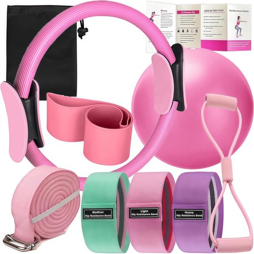 8Pcs Pilates Ring Set ??Home Pilates Equipment for Women Kit with Magic Circle Pilates Ring and Ball Set, Resistance Bands & Massage Balls & Exercise Bands for Toning，Flexibility & Core Strength