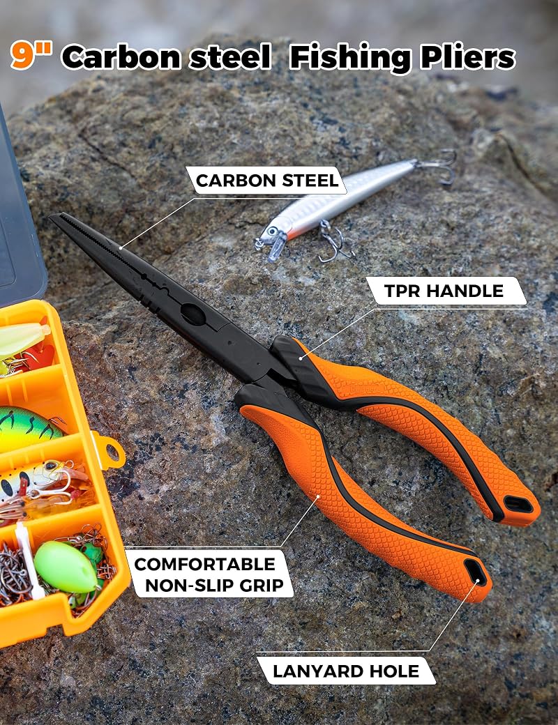 9.2in Fish Gripper Pliers - Multi-Function Saltwater/Lip Grabber with Wire Cut & Split-Ring Openers (Variation: 9" Fishing Pliers Orange)