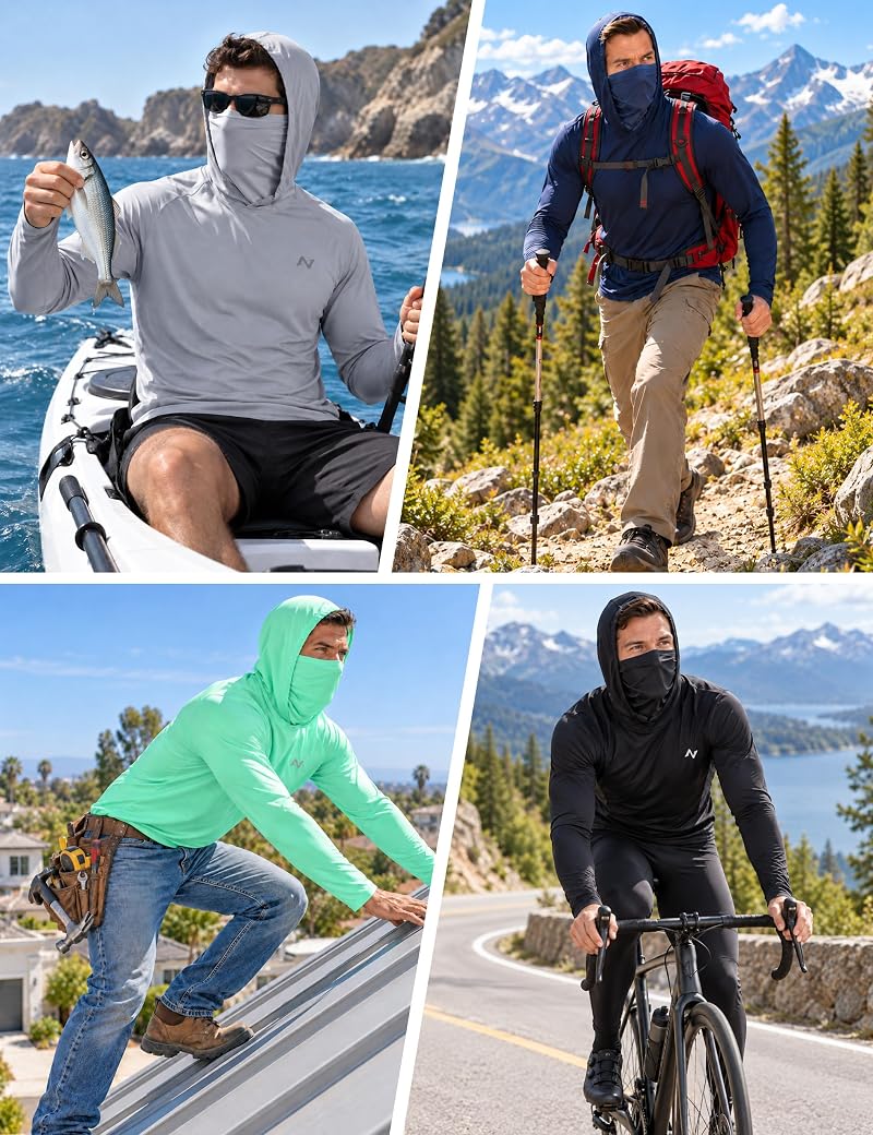 Mens UPF 50+ Sun Hoodie Long Sleeve Fishing Shirt with Face Mask - Light Blue (Medium) - isnowood