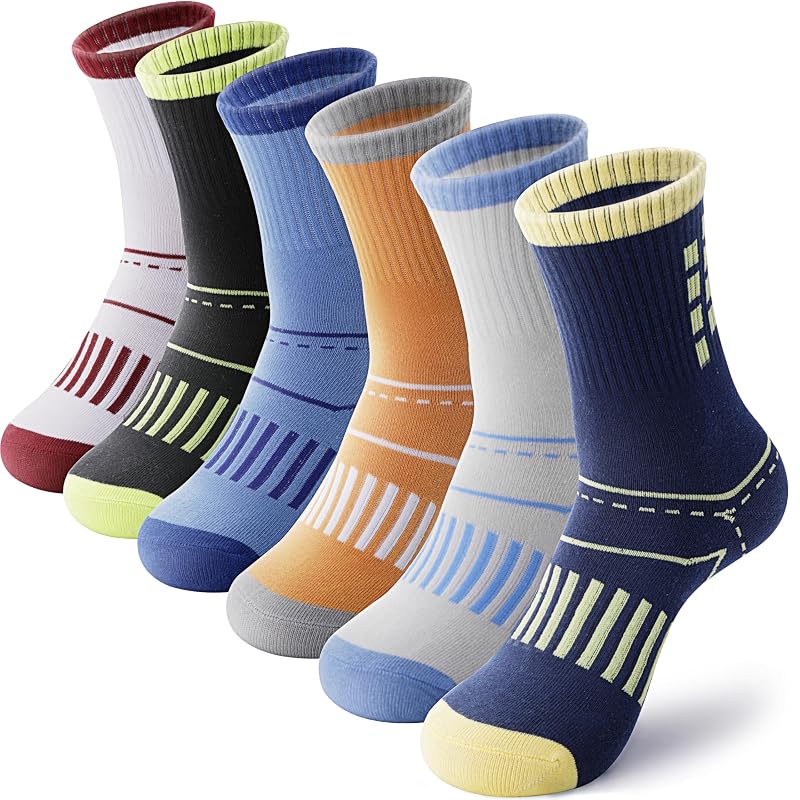 Kids Crew Socks - ANTSANG 6-Pair Athletic Cotton Socks, 9-14 Years, Blue Black Grey Orange