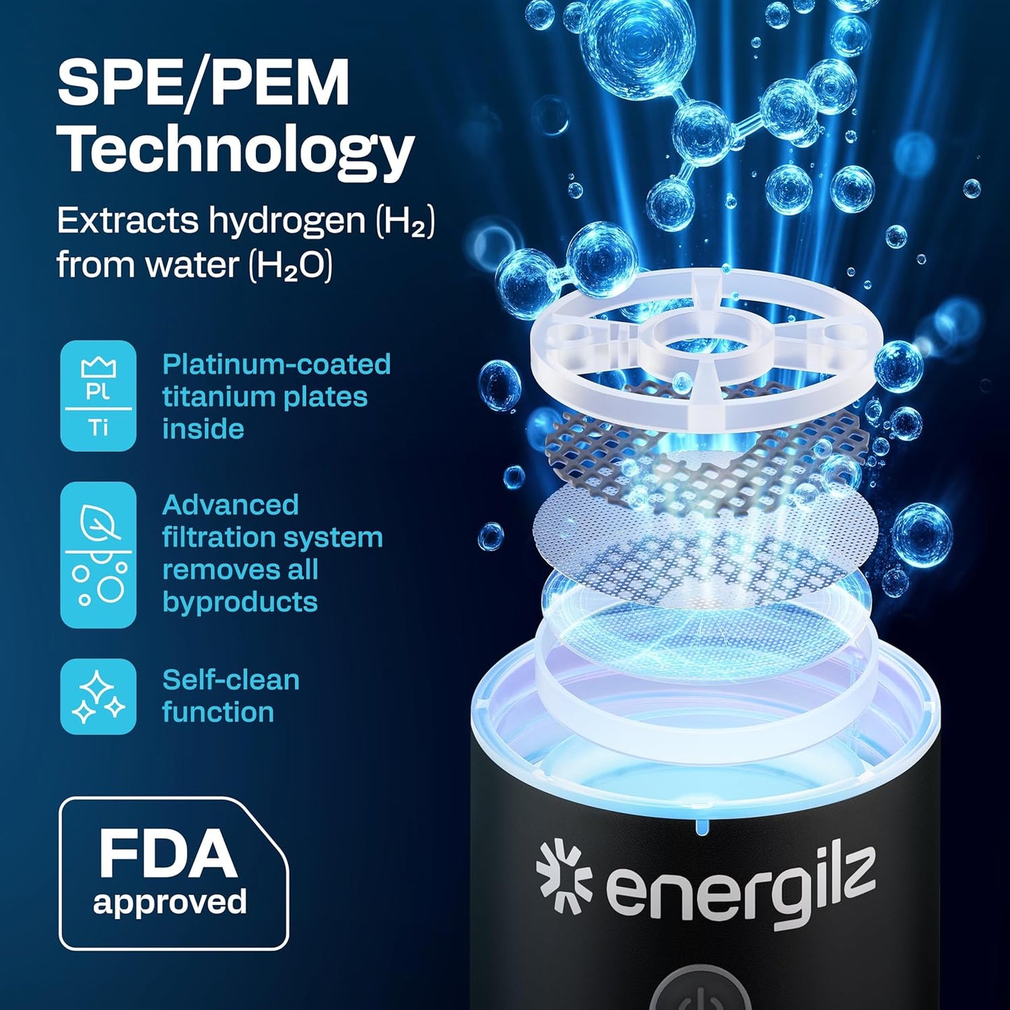 Hydrogen Water Bottle | Large 16.2 oz (480 ml) Hydrogen Water Bottle Generator 3000ppb | Hydrogenator Machine | SPE/PEM Hydrogenated Ionizer Generator (Steel w/Black)