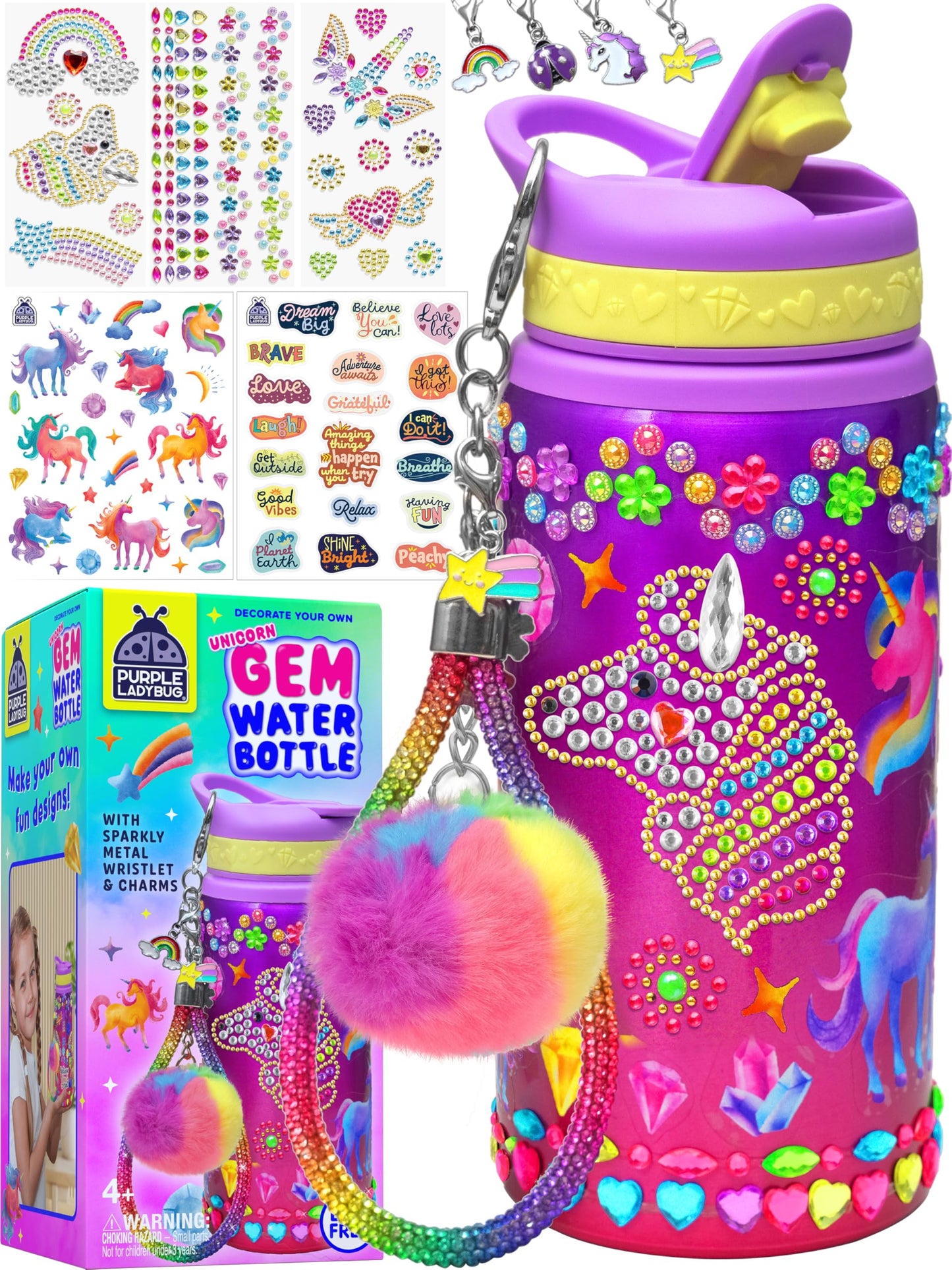 PURPLE LADYBUG Decorate Your Own Water Bottle Kit for Girls - Gift for Girls Ages 5 6 7 8 9 10 Year Old Girl Birthday Gift, Unicorn Toys Crafts Kids Ages 6-12 Summer Crafts for Kids
