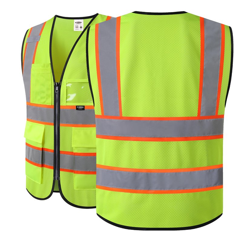 JKSafety Safety Vest for Men Women Hi Vis Vest with Pockets and Zipper Front Class 2 High Visibility Meet ANSI Standard Yellow Color Extended Orange Strips (BX320-Yellow L)
