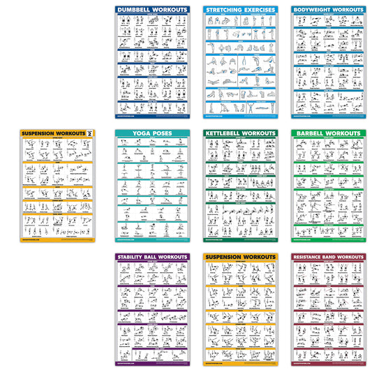10 Pack - Exercise Workout Poster Set - Suspension Volume 1 & 2, Dumbbell, Kettlebell, Resistance Bands, Stretching, Bodyweight, Barbell, Yoga Poses, Exercise Ball (PAPER - NOT LAMINATED 18" x 27")