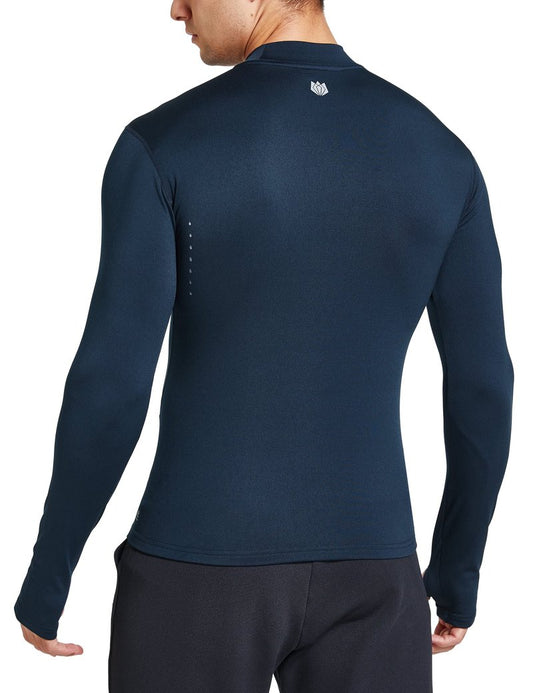 FitsT4 Sports Men's Thermal Shirt Fleece Lined Mock Neck Base Layer Tops Long Sleeve Running Athletic Shirt with Thumbholes Navy L