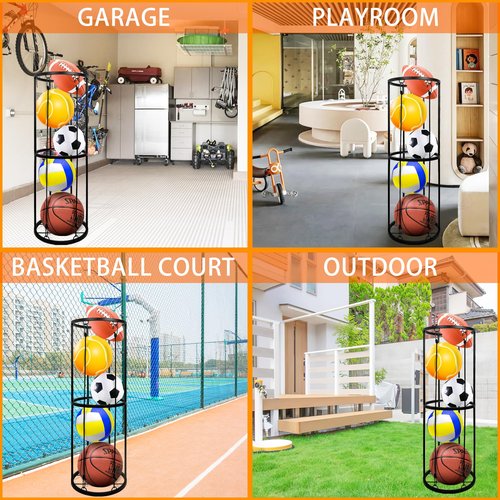 BEWITU Garage Ball Storage Rack, Wall-Mounted Basketball Holder, Vertical Ball Rack for Soccer Volleyball Football Basketball, Space-Saving Sports Ball Storage Organizer for Garage & Home