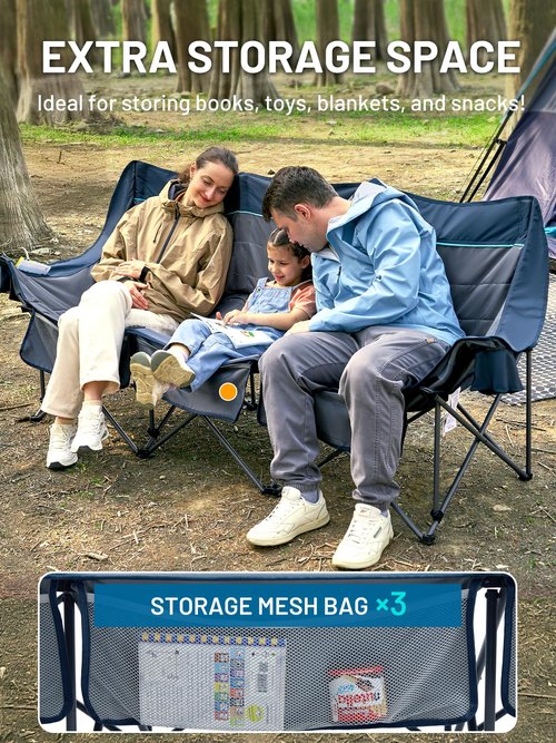 TIMBER RIDGE Padded 3 Person Camping Chair with Cup Holders and Pockets, Outdoor Folding Loveseat Camping Chairs, 1050lbs Capacity Heavy Duty Camp Couch for Outside Picnic, Beach, Lawn, Sports, Blue