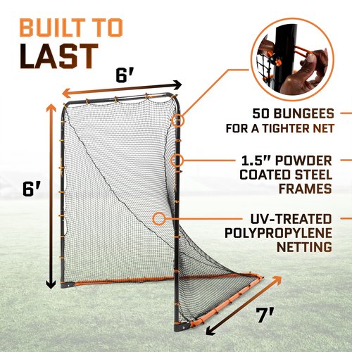 Lacrosse Goal Net (6'W x 6'H x 7'D) Folding Lacrosse Net for Backyard | Powder Coated Steel Frame, UV Treated Netting, Use with Rebounder & Backstop Goal Nets [Includes Carrying Bag & U Stakes]