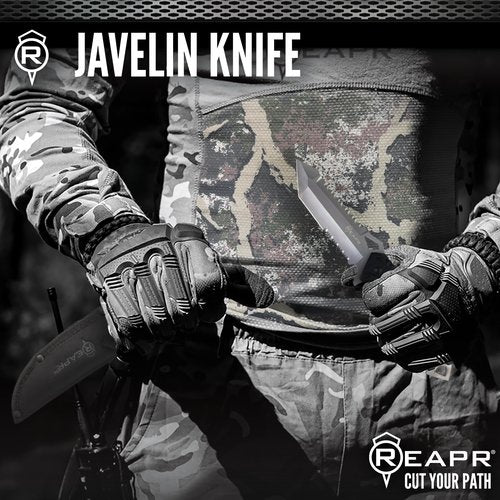 Reapr JAVELIN 5 Inch Fixed Blade Survival Knife with Sheath, Full‑Tang Tactical Tanto‑Style Knife with Dual Serrated Edges, Camping and Hunting Knives, Black