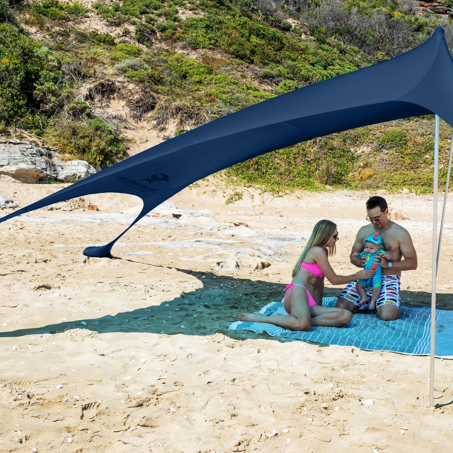 SUN NINJA Pop Up Beach Tent Sun Shelter UPF50+ with Sand Shovel, Ground Pegs and Stability Poles, Outdoor Shade for Camping Trips, Fishing, Backyard Fun or Picnics (10x10 FT 2 Pole, Navy)