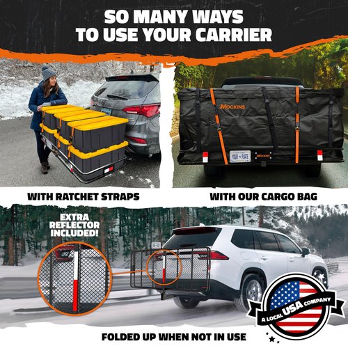 Mockins XXL 70"x30"x6" Folding Trailer Hitch Cargo Carrier | 500 Lbs. Cap. Cargo Hitch Carrier Rack | All-Weather Steel Luggage Rack for SUV, Car & Truck w/License Plate Holder, Stabilizer & Straps